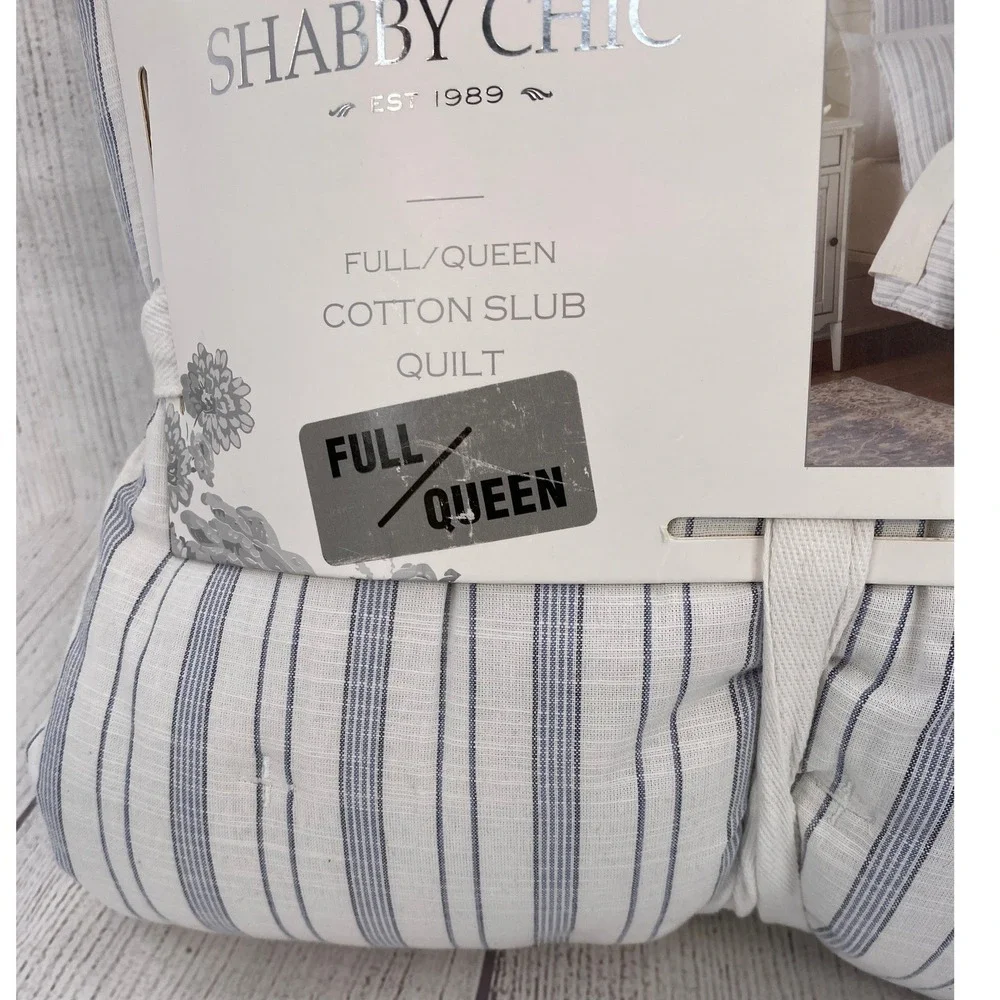 Shabby Chic Quilt Full/Queen Blue White Cotton Slub Ticking Stripe Farmhouse